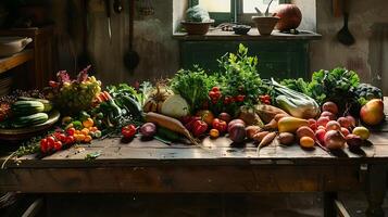 AI generated Abundance of Fresh Produce Illuminated by Soft Light on Wooden Table Captured in Wide 50mm Lens Shot photo