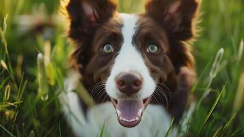 ai generado expresivo frontera collie juegos en herboso prado capturado con 50 mm lente para íntimo mirada foto