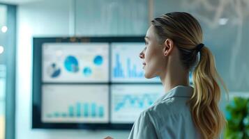AI generated Corporate Executive Delivers Dynamic Presentation Amidst Modern Surroundings Emphasizing Financial Graphs on Large Display photo