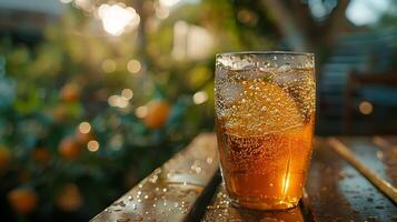 ai generado refrescante con hielo té con limón rebanadas descansa en rústico mesa en calentar natural ligero capturado con 50 mm lente foto