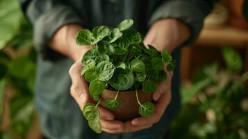 ai generado persona abraza sereno momento con en conserva planta bañado en suave natural ligero desde ventana foto