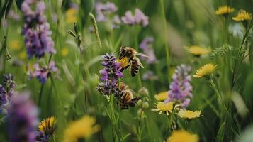 ai generado abeja polinizando vibrante púrpura flor en suave natural ligero capturado con macro lente en prado foto