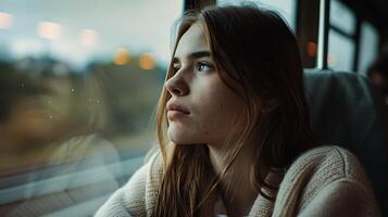 AI generated Young Woman Contemplates Majestic Mountain View Bathed in Soft Natural Light photo