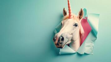 AI generated Amusing unicorn peers through ripped hole in vibrant paper backdrop. Ai Generated. photo