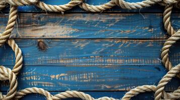 AI generated Nautical background featuring a rope shaped as a circle on a wood backdrop. Ai Generated. photo