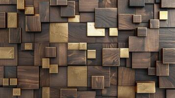 AI generated Elevate your space with a 3D wallpaper mimicking a luxurious wood and gold mosaic decor. Ai Generated. photo