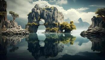 AI generated Tranquil scene of majestic mountain peak reflected in pond generated by AI photo