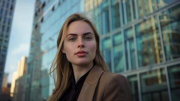 AI generated Young Woman Contemplates Vast Mountain Landscape Bathed in Golden Sunset Light photo