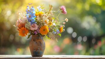 AI generated Assorted Flowers in Rustic Vase Captured with 50mm Lens Against Soft Diffused Background photo