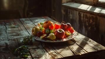 AI generated Colorful Fruit Platter Glowing in Soft Natural Light Inviting and Appetizing Display on Wooden Table photo