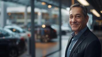 ai generado sonriente empresario soportes en frente de lujo coche sala de exposición bañado en suave natural ligero foto