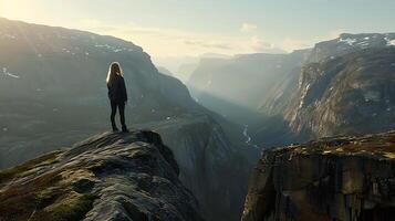 AI generated Woman Contemplates Majestic Mountain Vista Centered in Vast Natural Landscape Captured with Wide 24mm Lens photo