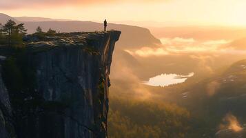 ai generado negrita paso adelante con vista a incertidumbre con confianza en puestas de sol resplandor foto