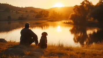 ai generado tranquilo puesta de sol persona y perro enlace en sereno natural ajuste radiante comodidad compañerismo y alegría foto