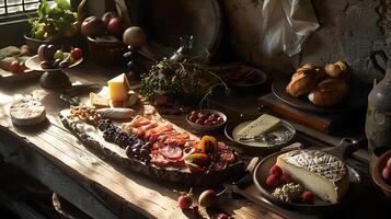 AI generated Bountiful Charcuterie Board Spread on Rustic Table Bathed in Soft Natural Light photo