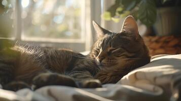 AI generated Tabby Cat Curls Up on Windowsill Basks in Soft Natural Light photo