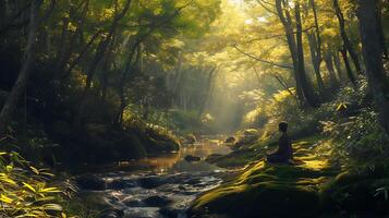 ai generado tranquilo Mañana meditación en iluminado por el sol bosque claro en medio de flores silvestres y susurro hojas foto