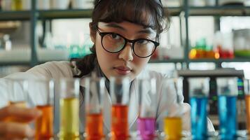 AI generated Scientist Conducts Colorful Liquid Experiment in Lab Surrounded by Scientific Equipment photo