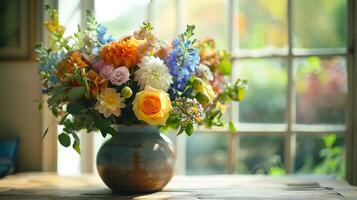 ai generado clasificado flores en rústico florero un de cerca con suave antecedentes foto