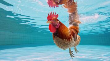 ai generado divertidísimo submarino escena gallo en piscina obras de teatro profundo bucear acción, ai generado. foto