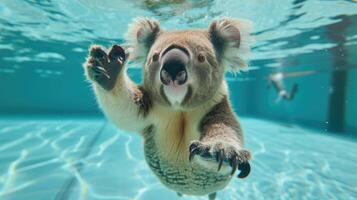 AI generated Hilarious underwater scene koala in pool plays deep dive action, Ai Generated. photo