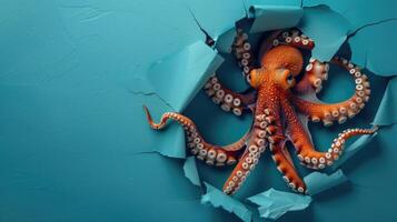 AI generated A humorous octopus peers through a ripped hole in a contrast pastel color paper background, Ai Generated photo