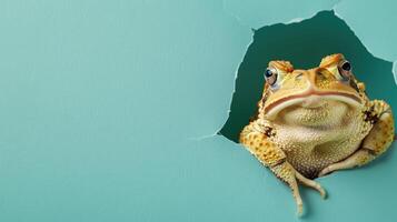 AI generated A humorous toad peers through a ripped hole in a contrast pastel color paper background, Ai Generated photo