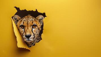 AI generated A humorous cheetah peers through a ripped hole in a contrast pastel color paper background, Ai Generated photo