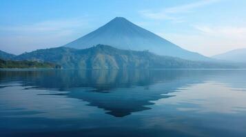 ai generado volcánico montaña reflejado en calma lago aguas ai generado foto