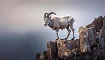 ai generado con cuernos cabra en pie en montaña cima, explorador naturaleza generado por ai foto