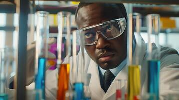 AI generated Scientist Examines Colorful Test Tube in Lab Bathed in Soft Natural Light photo