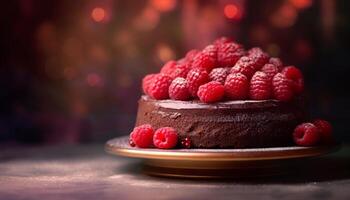 AI generated Homemade raspberry dessert on wooden plate, indulgence celebration generated by AI photo