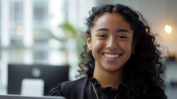 AI generated Confident Professional Woman Presents in Modern Office Boardroom Colleagues Attentively Listen photo