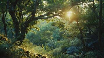 ai generado sereno bosque escena luz de sol lozano follaje vibrante colores de naturaleza foto