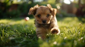 ai generado juguetón perrito persecuciones pelota en herboso parque capturado con amplio ángulo lente foto