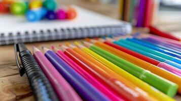 AI generated Vibrant Markers and Pencils Set Against Blank Sketchbook on Neat Desk in CloseUp Shot photo