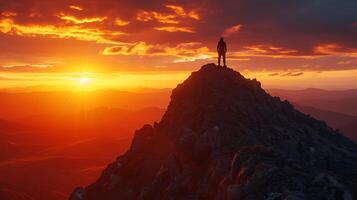 AI generated Triumphant Silhouette Lone Figure Triumphs atop Rugged Peak Strength and Resilience Emanate from Windswept Landscape photo