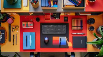 AI generated Neatly Arranged Creative Workspace with Computer Tablet Pen and Colorful Design Books Captured in Wide 24mm Overhead Shot photo