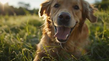 AI generated Golden Retriever Frolics in Meadow Under Setting Sun Captured in Expansive Wide Angle Shot photo