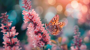 ai generado delicado mariposa encaramado en vibrante flor iluminado por suave natural ligero foto