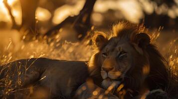 AI generated Majestic Lioness Gazing from Savanna Grass Bathed in Soft Natural Light photo