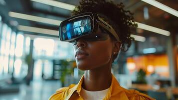 AI generated Womans Joyful Virtual Reality Experience in Futuristic Setting photo