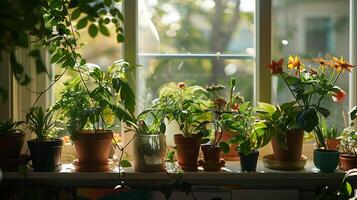 AI generated Sunny Windowsill Displays Variety of Potted Plants with Vibrant Green Leaves and Colorful Blossoms photo