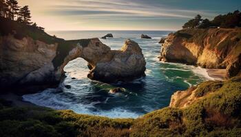 ai generado majestuoso línea costera, tranquilo atardecer, erosionado roca, sereno agua generado por ai foto