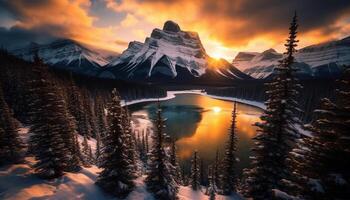 AI generated Majestic mountain peak reflects tranquil sunset on snowy Alberta landscape generated by AI photo