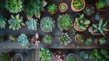 AI generated Rustic Table Showcases Array of Potted Succulents and Cacti in Soft Natural Light photo