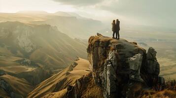 AI generated Couple Embraces Majestic Sunset Overlooking Scenic Mountain Range photo