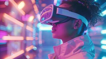 ai generado entusiasta mujer explora futurista virtual realidad mundo en brillante de alta tecnología habitación foto