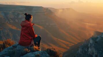 ai generado mujer contempla majestuoso montaña ver desde acantilado borde bañado en suave natural ligero foto