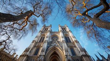 ai generado histórico catedral capturado en amplio ángulo esplendor en contra claro azul cielo foto